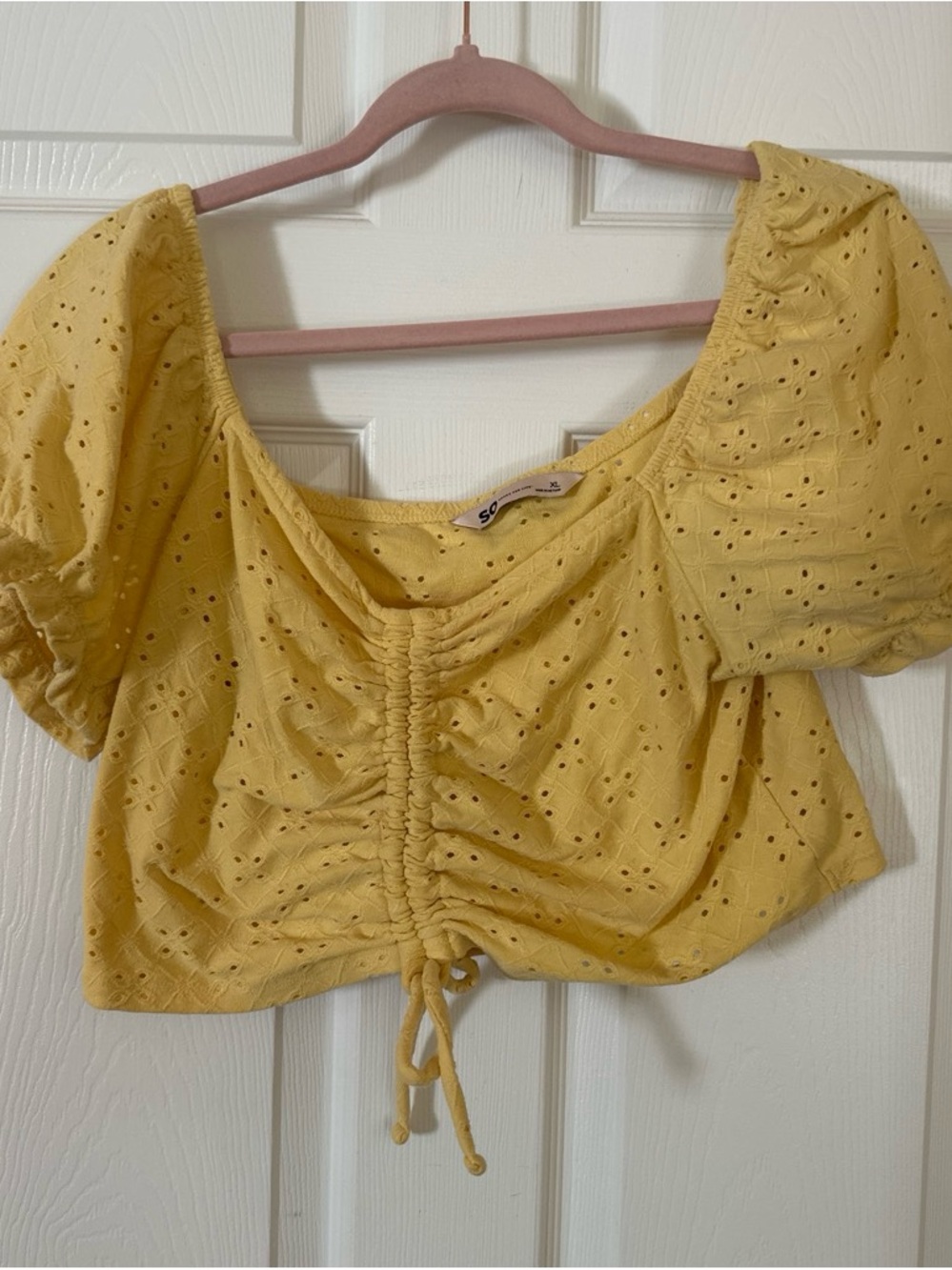 SO Yellow Eyelet Drawstring Crop Top